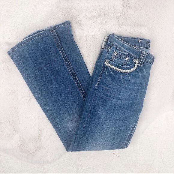 Miss Me Blue White Leather Pocket Boot Cut Jeans Sz 27 - Picture 6 of 6